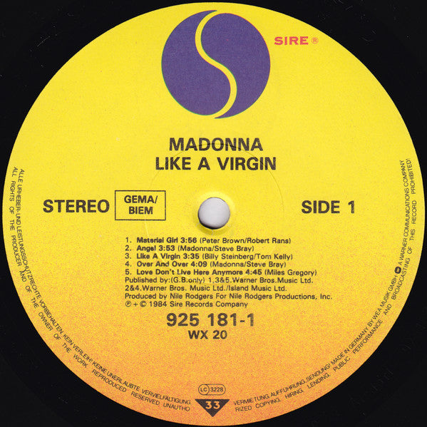 Image of Label Cover of LP - VG/VG - MADONNA, Like A Virgin (Sire - GEMA/BIEM Rights Box; 925 181-1, UK 1985 Reissue, Inner, RSA Pressing, MASTERDISK Runout, With Into the Groove B1), Light scratches, edge wear, with hype sticker, - 3946027S