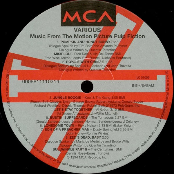 Image of Label Cover of LP - EX/VG+ - VARIOUS, Pulp Fiction (Music From The Motion Picture) (MCA Records; 0008811110314, Europe 2000s Reissue, 180g Vinyl, No "www.gz.." In Runout), , - 3526106E