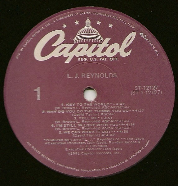 Image of Label Cover of LP - VG/VG - L.J. REYNOLDS, L.J. Reynolds (Capitol; ST-12127, US 1981), Patch on run-in which is a little noisy. Sleeve still in shrink., - 2316240C
