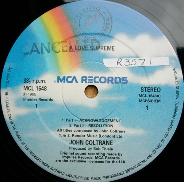 Image of Label Cover of LP - VG/VG - JOHN COLTRANE, A Love Supreme (MCA Blue Rainbow; MCL 1648, UK 1980s Reissue, Picture Sleeve, Stereo), A few light hairlines. Edgewear. , - 3626383E