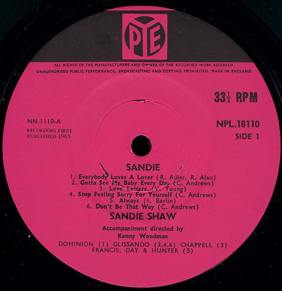 Image of Label Cover of 3225229E: LP - SANDIE SHAW, Sandie (Pye; NPL18110, UK 1965, Flipback Sleeve, Mono) VG/VG
