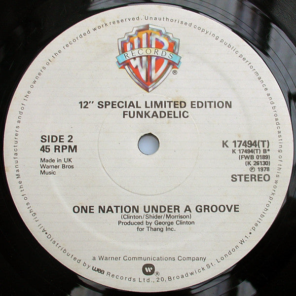 Image of Back Cover of 12" - /VG - FUNKADELIC, (Not Just) Knee Deep / One Nation Under A Groove (Warner Bros; K 17494(T), UK 1979, 12" Special Special Edition), Record slightly fogged. Labels lightly mottled, - 2316223C