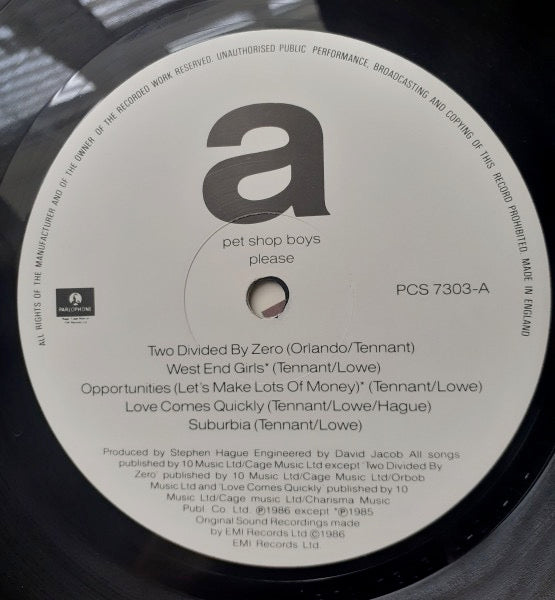 Image of Label Cover of LP - VG/VG - PET SHOP BOYS, Please (Parlophone; PCS 7303, UK 1986, Inner, EMI Pressing, Townhouse Matrix), , - 2526339E