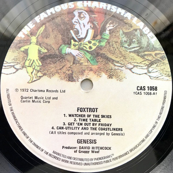 Image of Label Cover of LP - VG+/VG+ - GENESIS, Foxtrot (Charisma Small Hatter - Phonogram Marketing; CAS 1058, UK 1975 Reissue, Non Textured Howard Printers Gatefold Sleeve, Black Letters on Spine, 'Horizon's' Misprint On Label), , - 4326419E