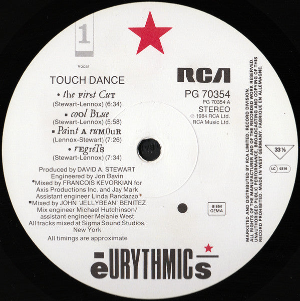 Image of Label Cover of 2515449C: LP - EURYTHMICS, Touch Dance (RCA; PG 70354, Europe 1984, Hype Stickered Sleeve, Sonopress. RC220 Price Code, Made In Germany Runout) VG/VG+