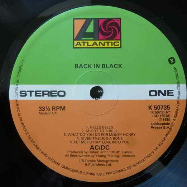 Image of Label Cover of LP - VG/G+ - AC/DC, Back In Black (Atlantic; K50735, UK 1980, Embossed Sleeve, Inner, K50735-A1 STRAWBERRY matrix), , - 2326250E