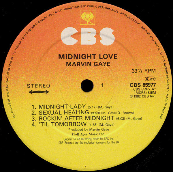 Image of Label Cover of LP - VG+/VG - MARVIN GAYE, Midnight Love (CBS Orange/Yellow; 85977, UK 1982, Glossy Sleeve, Insert), , - 3826047E