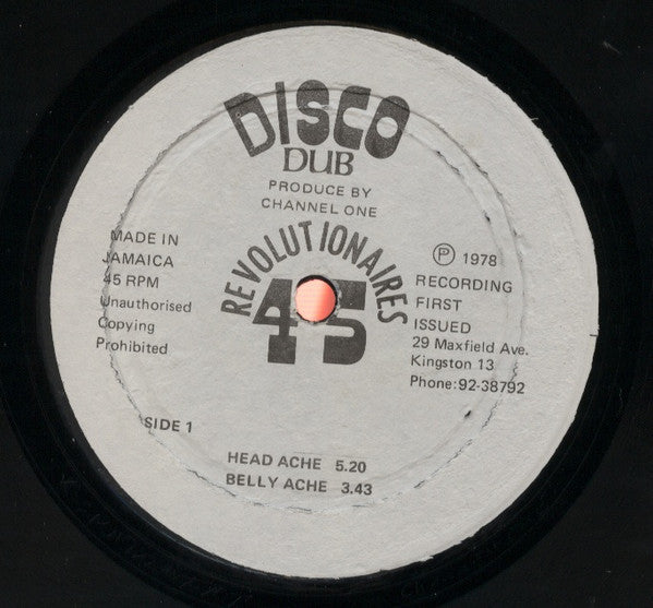 Image of Label Cover of 12" - VG/VG - THE REVOLUTIONARIES, Disco Dub ( Headache / Bellyache / Toothache / Heartache) (Channel One; , Jamaica 1978, Company Sleeve), Light background from press. Clean labels. Light wear on sleeve, looks great., - 2446104S