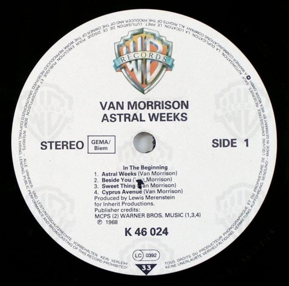 Image of Label Cover of LP - VG/G+ - VAN MORRISON, Astral Weeks (WB Cream Label with Shield; K46024, Germany 1980s Reissue), Light Marks only., - 2716090C