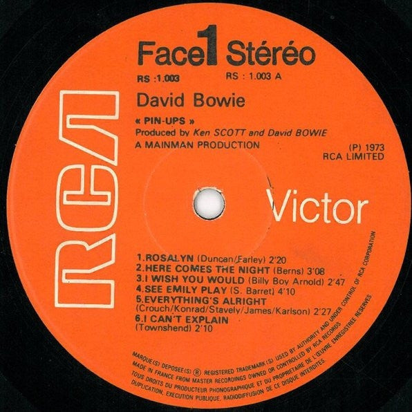 Image of Label Cover of 0526363E: LP - DAVID BOWIE, Pinups (RCA Victor Orange with Stereo Text; RS1003; APLI 0214, UK 1973, Textured Sleeve, Insert, French Press label in UK Sleeve) VG+/VG