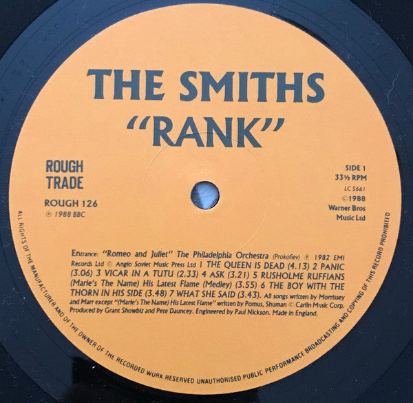 Image of Label Cover of LP - VG/VG - THE SMITHS, Rank (Rough Trade; ROUGH 126, UK 1988 Reissue, Gatefold, Inner, Standard Issue Without Poster. EMI Pressing), , - 3026011E