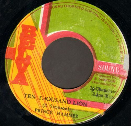 Image of Front Cover of 7" - /VG - PRINCE HAMMER, Ten Thousand Lion (Belva Sound; , Jamaica 1979, Plain Sleeve), Strong VG - lightest of marks. Plays great. Clean labels., - 2216024C
