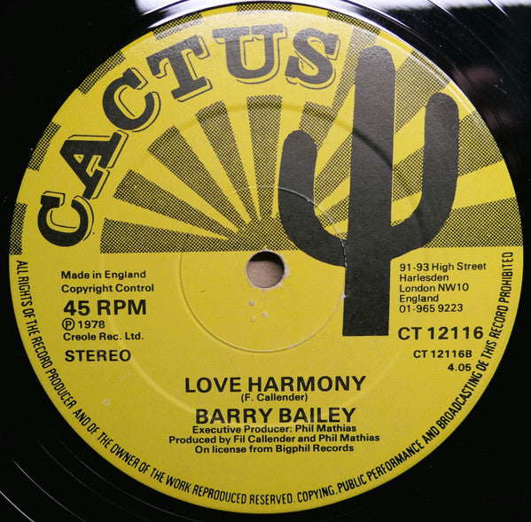 Image of Back Cover of 12" - /VG - FIL CALLENDAR & JAH STITCH / BARRY BAILEY, Baby My Love / Love Harmony (Cactus; CT 12116, UK 1978, Plain Sleeve), , - 3726441E