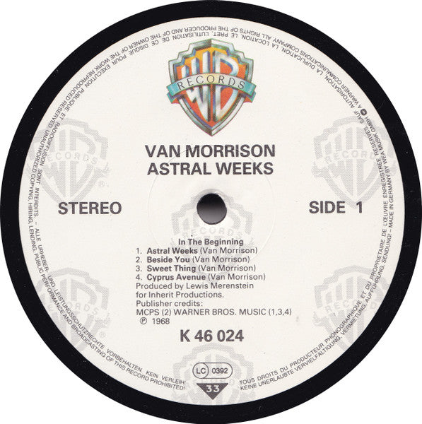 Image of Label Cover of LP - VG/VG - VAN MORRISON, Astral Weeks (WB White With Grey Shields; K46024, UK 1980s Reissue, No Barcode), Edge Wear, - 4326110E