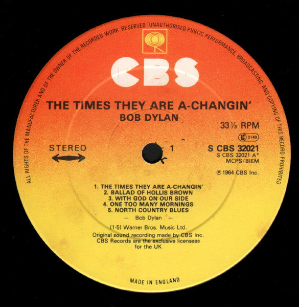 Image of Label Cover of LP - VG+/VG+ - BOB DYLAN, The Times They Are A-Changin' (CBS Orange/Yellow; 62251, UK 1970s Reissue, Made In England At Bottom Of Label), , - 3126070E