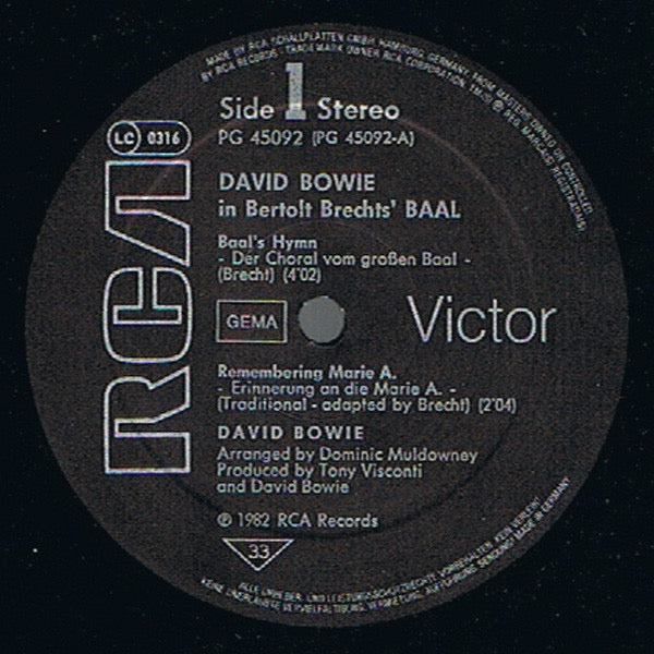 Image of Label Cover of 12" EP - VG/VG - DAVID BOWIE, David Bowie In Bertolt Brecht's Baal (RCA Victor Black Labels; PG 45092, Germany 1982, Gatefold), , - 3116085C