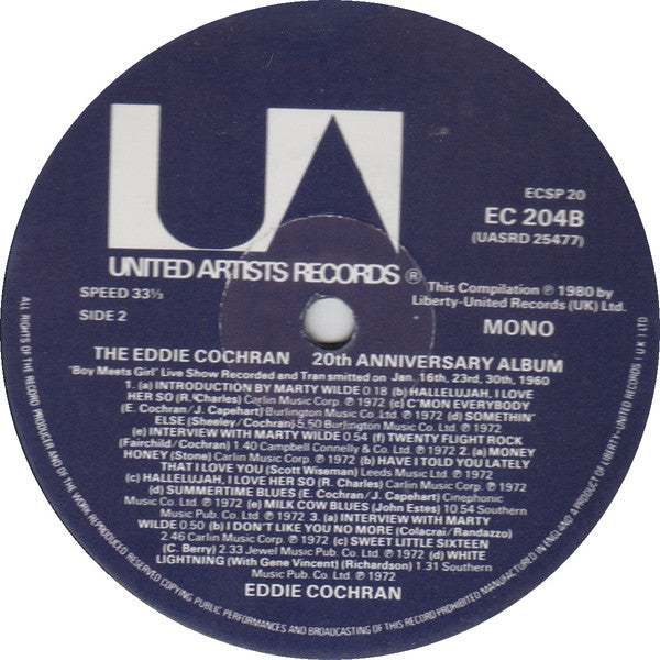 Image of Label Cover of 4xLP - VG/VG - EDDIE COCHRAN, 20th Anniversary Album (UA; ECSP20, UK 1980, Box Set, Inners & Booklet), , - 2316072C