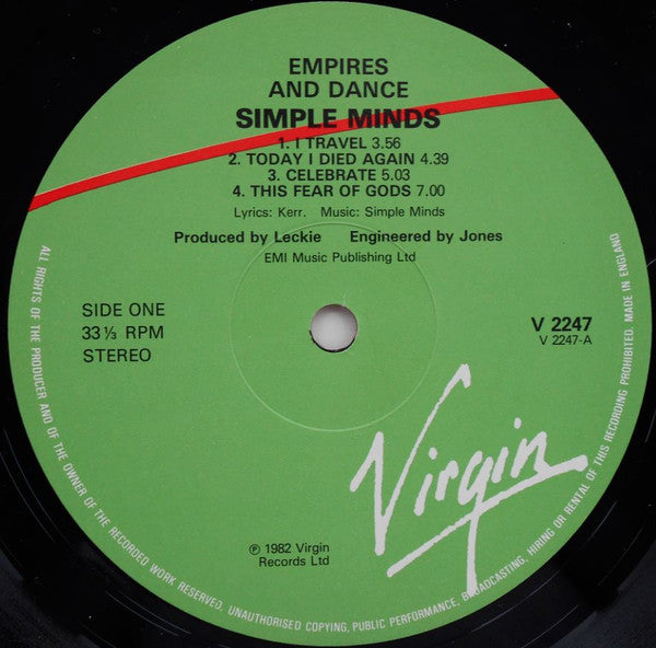 Image of Label Cover of LP - VG+/VG - SIMPLE MINDS, Empires And Dance (Virgin Green/Red One Pressing Ring; V 2247, UK 1982 Reissue), , - 2616217C