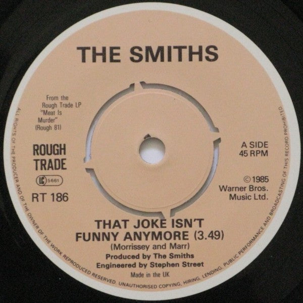 Image of Label Cover of 7" - VG/VG+ - THE SMITHS, That Joke Isn't Funny Anymore (Rough Trade Push-Out Centre; RT 186, UK 1985, Picture Sleeve, MPO Pressing), , - 2816323C