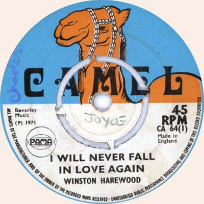 Image of Front Cover of 7" - /G+ - WINSTON HAREWOOD / LA-FUD-DIL ALL STARS, I Will Never Fall In Love Again / La-Fud-Dil (Camel; CA 64, UK 1971, 4-Prong Centre), No centre piece, label wear., - 0726267E