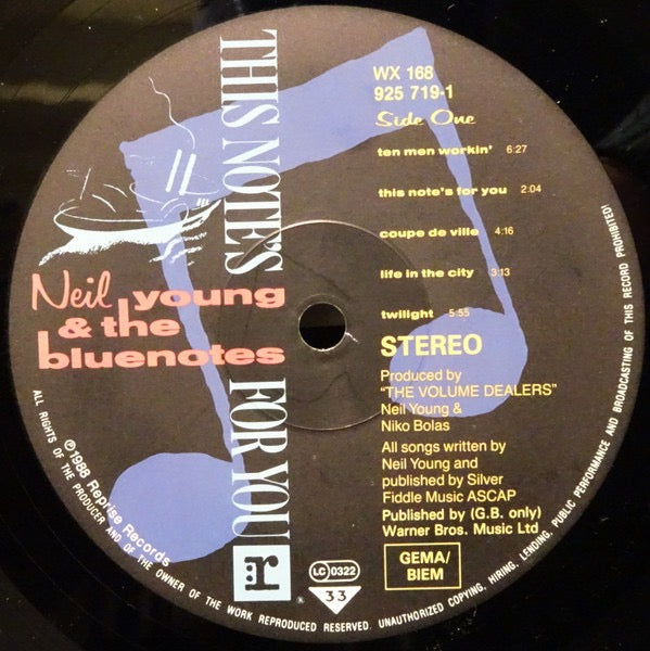 Image of Label Cover of LP - VG+/VG - NEIL YOUNG AND THE BLUENOTES, This Note's For You (Reprise; 925-719-1, Germany 1988, Inner), , - 2616045C