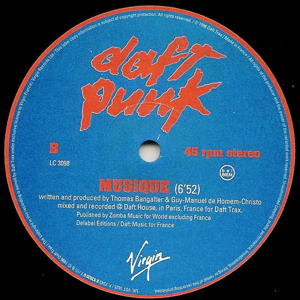 Image of Label Cover of 12" - G+/VG - DAFT PUNK, Da Funk / Musique (Virgin; VST 1625, UK 1997, Stickered Plain Sleeve), Light marks only. Sleeve intact but has ring & edge wear & creasing to the corners., - 3626229E