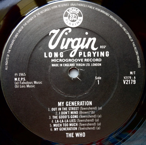 Image of Label Cover of LP - VG/VG+ - THE WHO, My Generation (Virgin; V2179, UK 1980 Reissue, Laminated Front Sleeve, Mono. CBS Aston Clinton Pressing. A2 Lois Publishing), Light stain on rear sleeve, - 3816077C