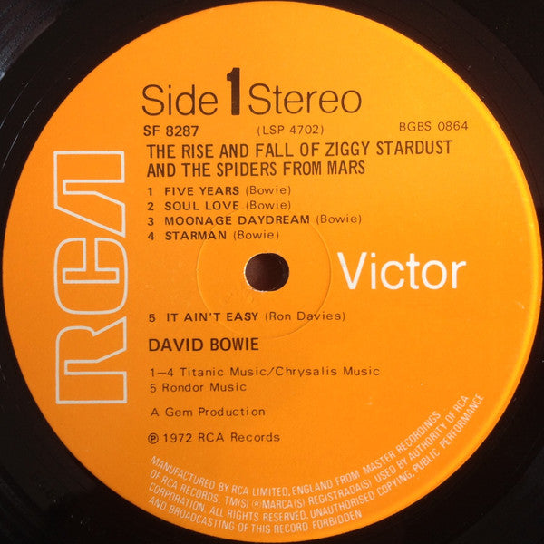 Image of Label Cover of LP - VG/VG - DAVID BOWIE, The Rise And Fall Of Ziggy Stardust And The Spiders From Mars (RCA Victor Orange; SF 8287, UK 1972, Gem Production, No Mainman on Rear Sleeve, Titanic/ Chrysalis Publishing on Label, not Mainman, No Inner, 1E/1E Matrix), Lovely copy. Strong VG all around. Light hairlines. Creasing, small dink to opening edge., - 4016609C