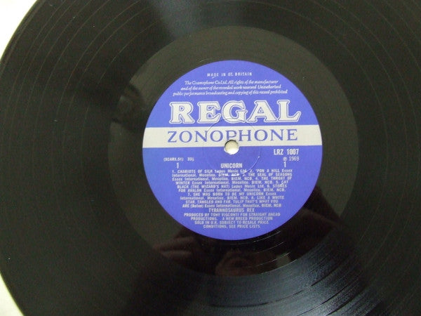 Image of Label Cover of LP - VG/G+ - TYRANNOSAURUS REX, Unicorn (Regal Zonophone; LRZ1007, UK 1968, Laminated Gatefold Sleeve, Mono Blue Label), Light scratches on A1 and A4. Hairlines. Creasing and edge wear. Seam split to spine., - 1846356S