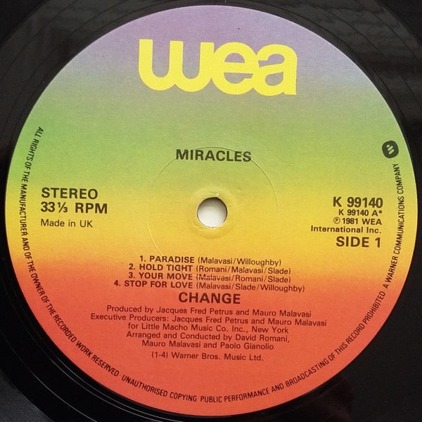 Image of Label Cover of LP - VG/VG+ - CHANGE, Miracles (WEA; K 99140, UK 1981), Edge and Ring Wear, - 4246094S
