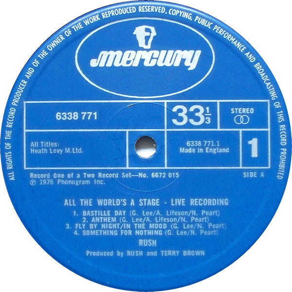 Image of Label Cover of 2xLP - VG/VG+ - RUSH, All the World's a Stage (Mercury; 6672 015, UK 1976, Gatefold), Ring Wear, - 4446029S