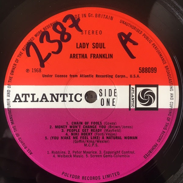 Image of Label Cover of LP - VG/G+ - ARETHA FRANKLIN, Lady Soul (Atlantic Plum & Orange; 588 099, UK 1968, Laminated Front Sleeve, Stereo), Marks on disc. Plays well. Wear to sleeve mith multiple light creases and evidence of previous price sticker., - 3326271E