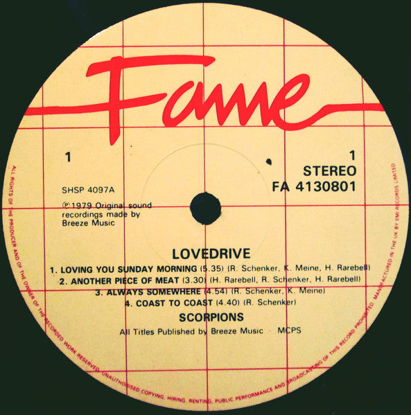 Image of Label Cover of LP - VG/G+ - SCORPIONS, Lovedrive (Fame ; FA4130801, UK 1980s Reissue), Strong G+, hairlines on disc only. Label variation - has Fame/EMI logos and no gridlines, but matrix runouts match this version. , - 2326265E