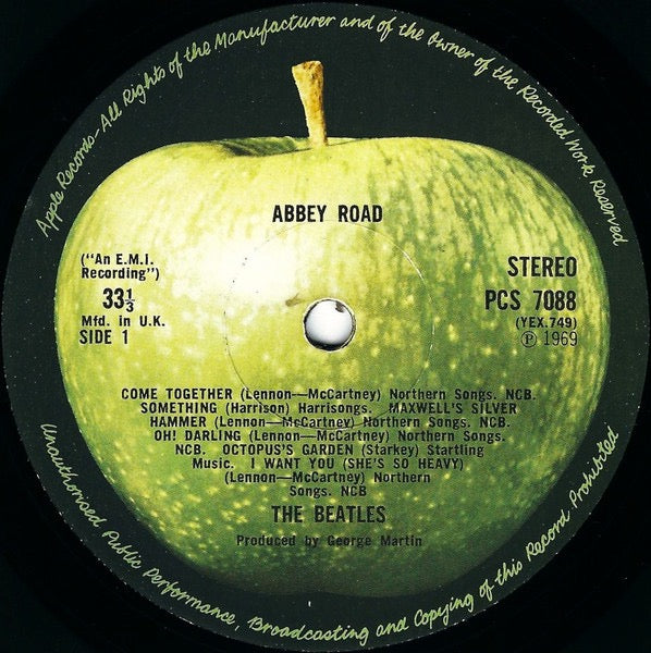 Image of Label Cover of LP - G+/G+ - THE BEATLES, Abbey Road (Apple Records; PCS 7088, UK 1971 Reissue, Laminated Sleeve, First "2nd UK issue", "Her Majesty" on Label, Big Circled ''P'', Big Centered 33 1/3, Apple Logo Aligned), Edge wear and spine tears. Price sticker on sleeve., - 2646065S