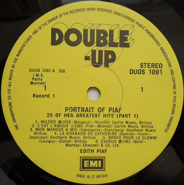 Image of Label Cover of 2xLP - VG/VG+ - EDITH PIAF, Portrait Of Piaf - 25 Of Her Greatest Hits (Double-Up; DUO 109, UK 1973, Gatefold), Split seam., - 2616156C