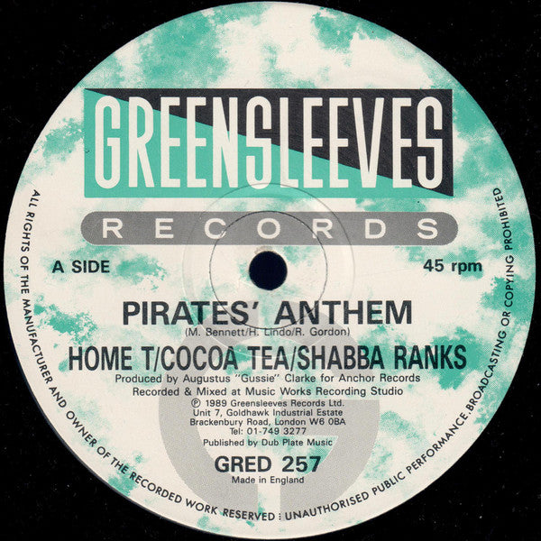 Image of Label Cover of 12" - VG+/VG+ - HOME T / COCOA TEA / SHABBA RANKS, Pirate's Anthem (Greensleeves Records; GRED 257, UK 1988, Company Sleeve), , - 3646141S