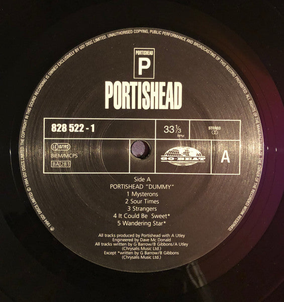 Image of Label Cover of LP - NEW/NEW - PORTISHEAD, Dummy (Go Beat; 8285221, UK 2017 Reissue, Inner, 180 Gram Vinyl), , The collaboration of studio whiz Geoff Barrow and singer Beth Gibbons; gloomy, tormented, and wildly melodramatic moods permeate the album. "Sour Times' (the hit in which Gibbons cries, again and again, "Nobody Loves Me, It's True") and the more cryptic 'Glory Box' are the lynchpins of the album, defining its sound: dark flashes of old soul and film music, dehumanized electronic bleeps, Gib