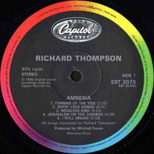 Image of Label Cover of LP - VG+/VG - RICHARD THOMPSON, Amnesia (Capitol Records; EST 2075, UK 1988, Inner), , - 3616075C
