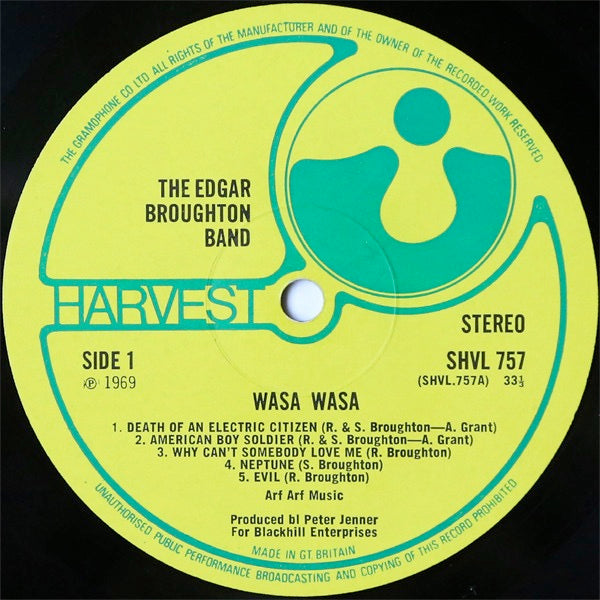 Image of Label Cover of LP - VG+/VG - THE EDGAR BROUGHTON BAND, Wasa Wasa (Harvest Green, Gramophone Co On Rim, No EMI Box, No Sold in Uk Label Text; SHVL757, UK 1969, Laminated Gatefold Sleeve), Strong VG, - 1726522E