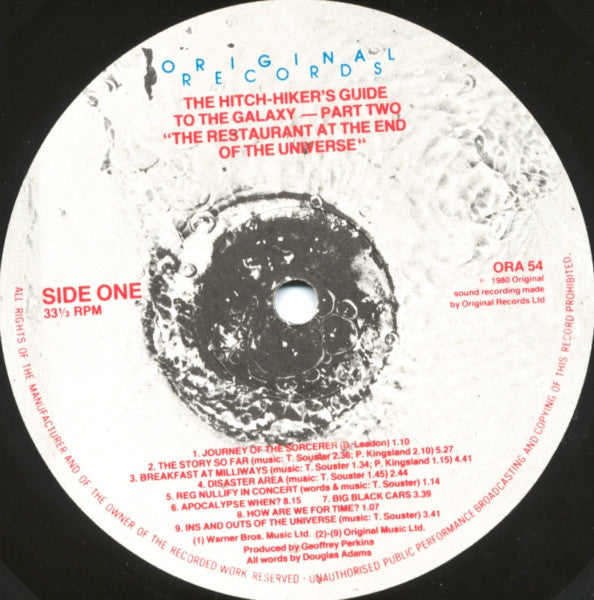 Image of Label Cover of LP - VG/VG+ - DOUGLAS ADAMS, The Hitch-Hiker's Guide To The Galaxy Part Two: The Restaurant At The End Of The Universe (Original Records; ORA 54, UK 1980, Inner), Minor edge wear., - 2116492C