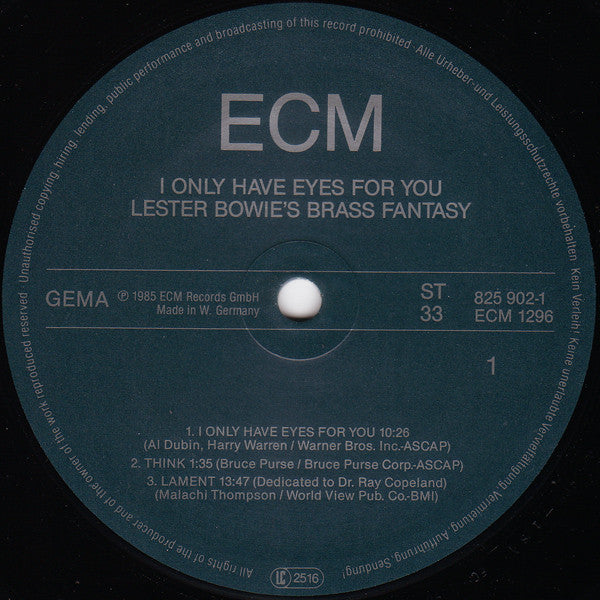 Image of Label Cover of LP - VG/VG+ - LESTER BOWIE'S BRASS FANTASY, I Only Have Eyes For You (ECM; ECM 1296, Germany 1985, Picture Sleeve), , - 0426325E