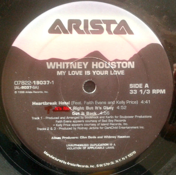 Image of Label Cover of 2xLP - VG/G+ - WHITNEY HOUSTON, My Love Is Your Love (Arista; 07822-19037, US 1998, Insert), Sleeve still in shrink but creased and with bruised corners. Discs have light marks and faint hairlines but close to VG., - 2816009C