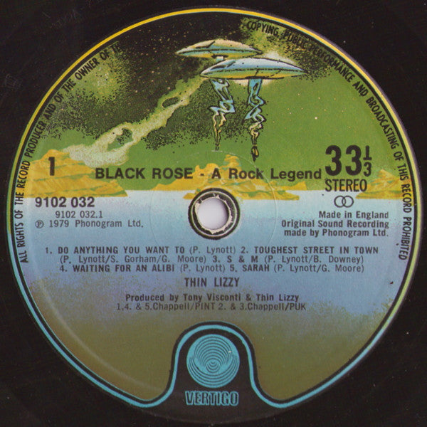 Image of Label Cover of LP - VG/VG - THIN LIZZY, Black Rose (A Rock Legend) (Vertigo; 9102 032, UK 1979, Inner, UK first issue with spaceship labels), , - 2116618C