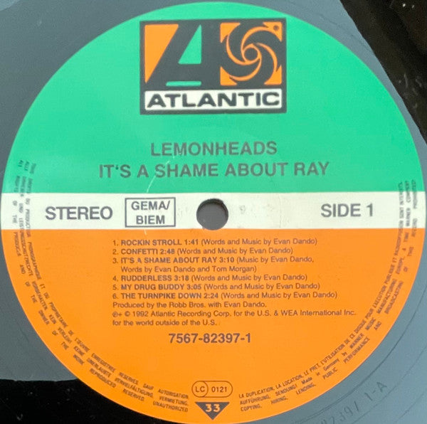 Image of Label Cover of LP - VG/F - LEMONHEADS, It's A Shame About Ray (Atlantic Green & Orange; 7567-82397-1, UK & Europe 1992, Inner), Disc covered in hairlines and surface marks, Plays better than it looks with some surface noise and clicks, Sleeve a little worn round the edges, With OIS, - 2816263C