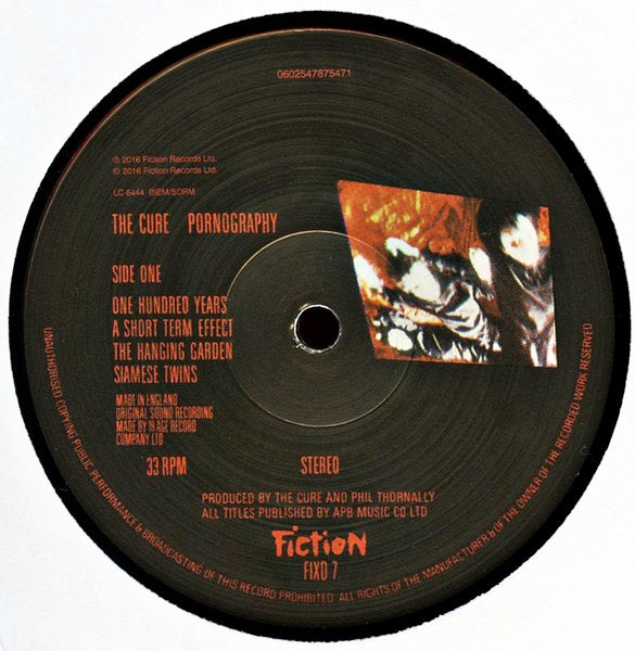 Image of Label Cover of LP - NEW/NEW - THE CURE, Pornography (Fiction; 4787547, UK 2022 Reissue, Inner, 180 Gram Vinyl, 2022 Cut), , Reissue of The Cure's fourth studio album, "Pornography" (1982). This was the band's first album with new producer Phil Thornalley, and it was preceded by the non-album single "Charlotte Sometimes." The band was on the verge of breaking up during the sessions, with heavy drug use, band infighting, and frontman Robert Smith's depression fueling the album's musical and lyrical c