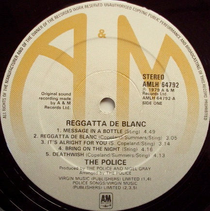 Image of Label Cover of LP - VG/VG - THE POLICE, Reggatta de Blanc (A&M; AMLH 64792, UK 1979, No Barcode, No Distribution or Label Code on Rear Sleeve, Publishing Credits in Upper Case on Label, No Country of Manufacture On Label), , - 3526088E