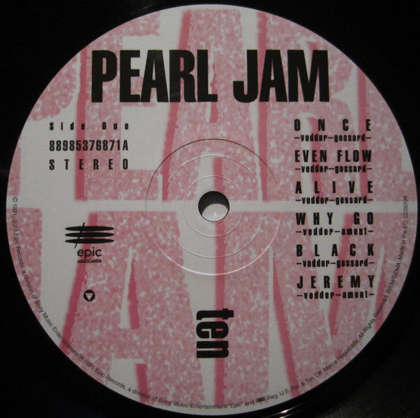 Image of Label Cover of LP - NEW/NEW - PEARL JAM, Ten (Epic Associated ; 88985376871, Europe 2023 Reissue, Inner), , Debut studio album by Pearl Jam, originally released on August 27, 1991 through Epic Records. Pearl Jam's debut album, was released less than a month before Nirvana's Nevermind, and although it took longer to climb the pop charts it also hung around longer, eventually outselling its Seattle rival. Together, the two albums reinvigorated rock and roll, whose share of the pop marketplace had bee