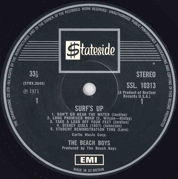 Image of Label Cover of LP - VG/VG - THE BEACH BOYS, Surf's Up (Stateside One Boxed EMI Logo; SSL10313, UK 1971, Textured Sleeve, Insert), Edge and Ring Wear, - 2526197E