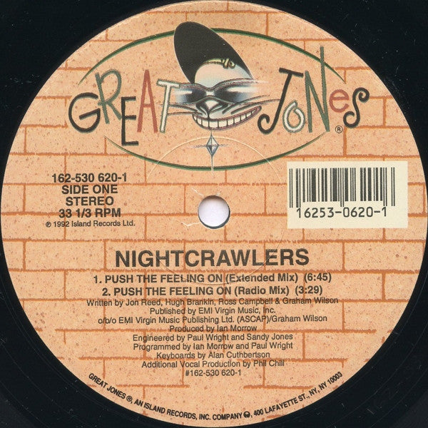 Image of Label Cover of 12" - VG+/VG+ - NIGHTCRAWLERS, Push The Feeling On (Great Jones; 162-530 620-1, US 1992, Company Sleeve), , Early 90s UK house classic, still played by UKG DJ's to this day! - 3946299S