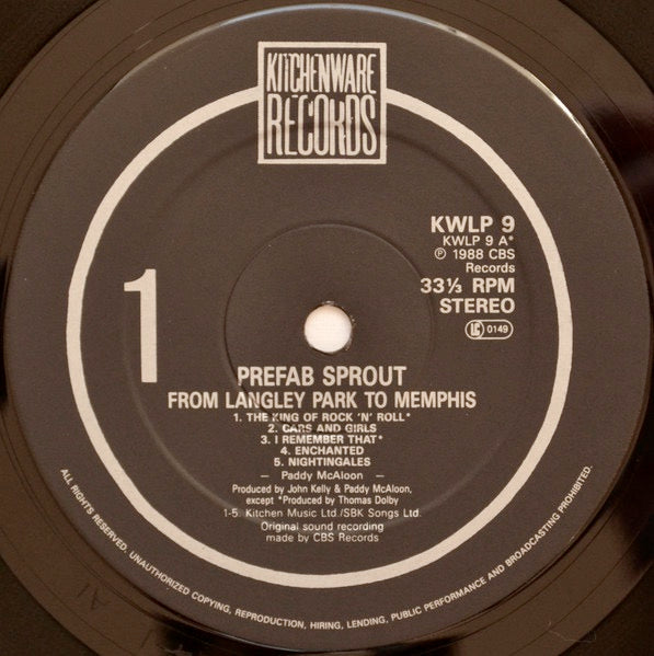 Image of Label Cover of LP - VG+/VG - PREFAB SPROUT, From Langley Park To Memphis (Kitchenware; KWLP9, UK 1988, Inner), Pressing flaw that sounds briefly and lightly. Gold promo stamped sleeve, minor edge wear., - 4116063C